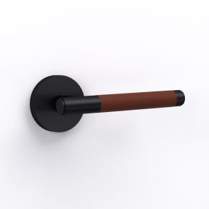 Brass Door Lever Handle - Black - Brown Leather