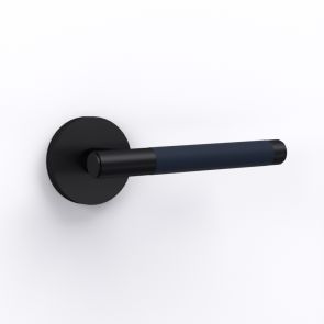 Brass Door Lever Handle - Black - Blue Leather