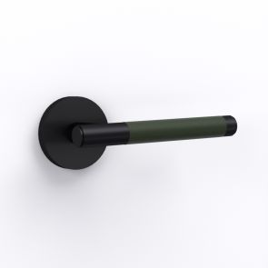Brass Door Lever Handle - Black - Green Leather