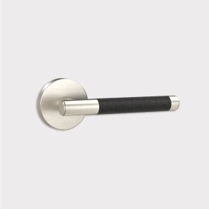 Brass Door Lever Handle - Silver - Black Leather