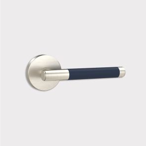 Brass Door Lever Handle - Silver - Blue Leather