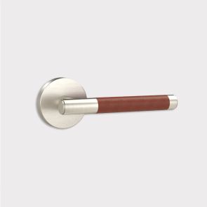 Brass Door Lever Handle - Silver - Brown Leather