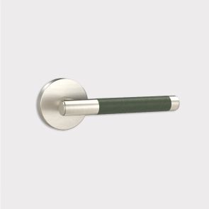 Brass Door Lever Handle - Silver - Green Leather