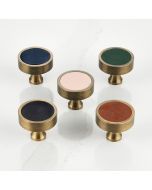 Leather & Brass Round Door Knobs in Antique Gold
