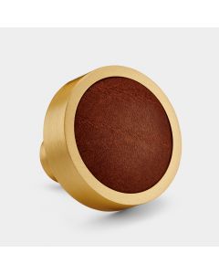 Brass & Brown Leather Round Door Knobs in Gold