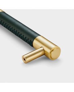 Brass & Green Leather Cabinet Handles in Gold - 224mm