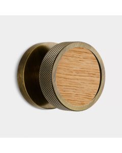 Brass &  Oak Wood Knurled Mortice Door Knob in Antique Gold