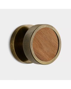Brass & Walnut Wood Knurled Mortice Door Knob in Antique Gold