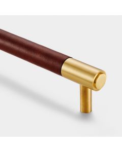 Brass & Brown Leather Cabinet Handles in Gold - 224mm