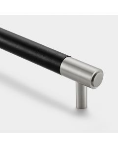 Brass & Black Leather Cabinet Handles in Silver - 128mm