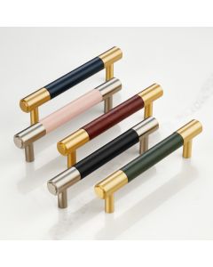 Brass & Leather Bar Cabinet Door Handles