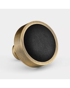 Brass & Black Leather Round Door Knobs in Antique Gold