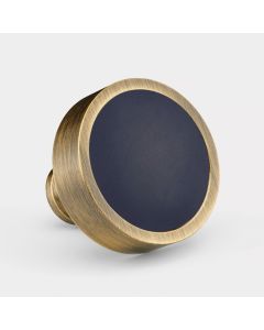 Brass & Blue Leather Round Door Knobs in Antique Gold