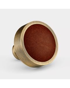 Brass & Brown Leather Round Door Knobs in Antique Gold