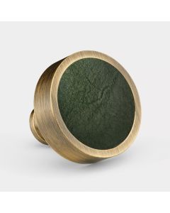 Brass & Green Leather Round Door Knobs in Antique Gold