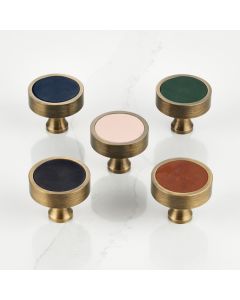 Leather & Brass Round Door Knobs in Antique Gold