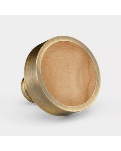 Brass & Maple Wood Round Door Knobs in Antique Gold
