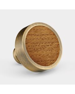 Brass & Oak Wood Round Door Knobs in Antique Gold