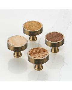 Wood & Brass Round Door Knobs in Antique Gold