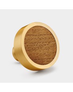 Brass & Oak Wood Round Door Knobs in Gold