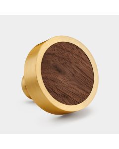 Brass & Walnut Wood Round Door Knobs in Gold