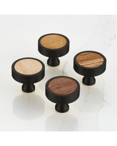 Wood & Brass Round Door Knobs in Black