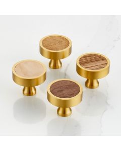Wood & Brass Round Door Knobs in Gold