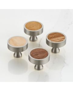 Round Brass Door Knobs in Silver with Wood Insert